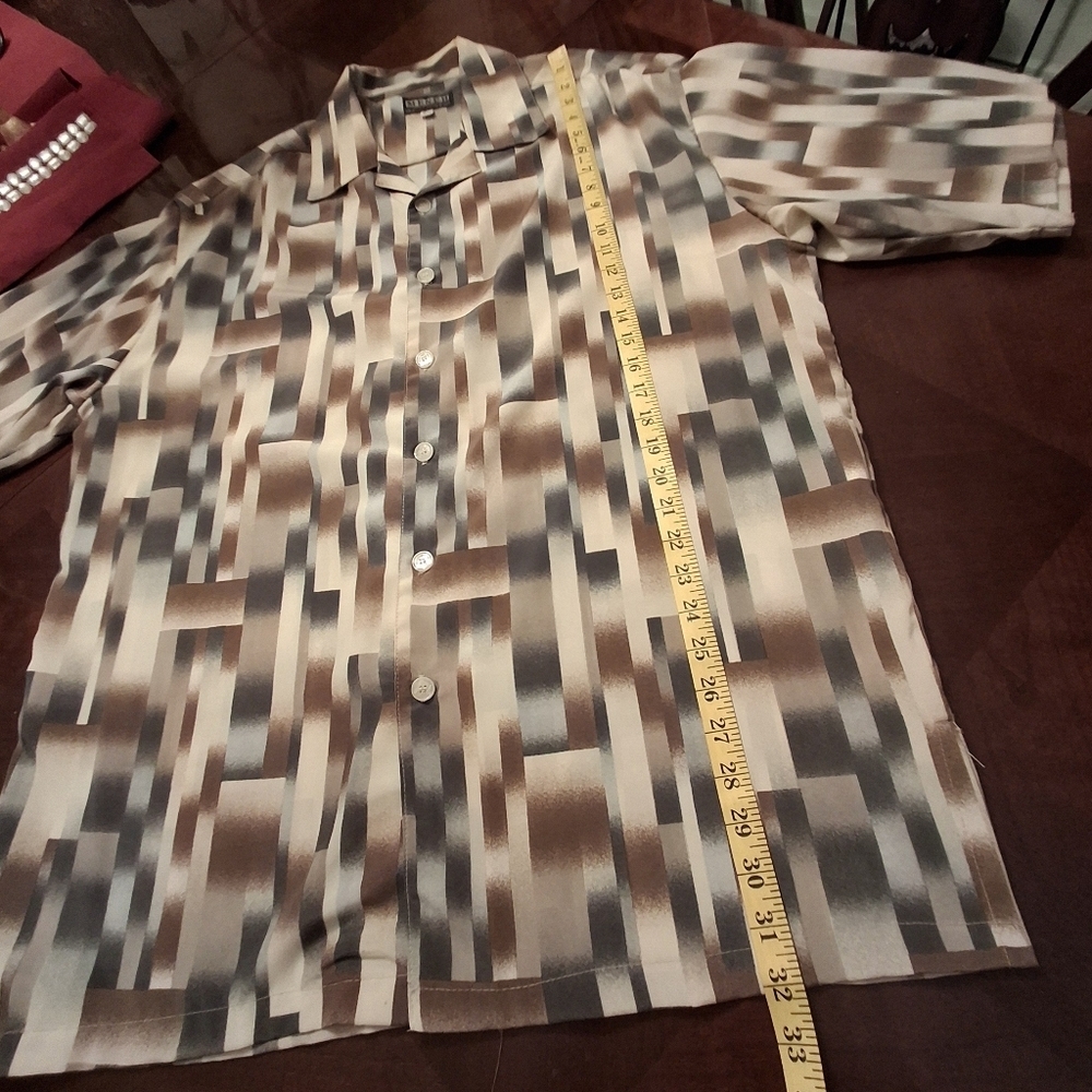 Mench Platinum Men XL Tan Windowpane Short Sleeve Polyester Button-down Shirt - Picture 11 of 13